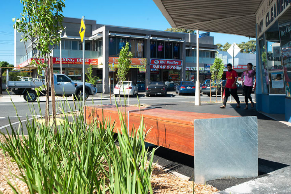 Photo of new garden bed planting and bench seating on Douglas street in Noble Park. 