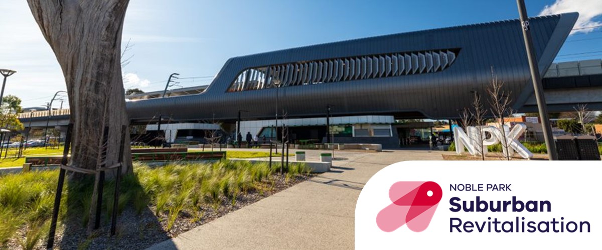 Photo of Noble Park train station with giant letters 'NPK' standing outside