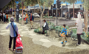 Conceptual image of Springvale Boulevard project - featuring new landscaping and diverse residents enjoying the space
