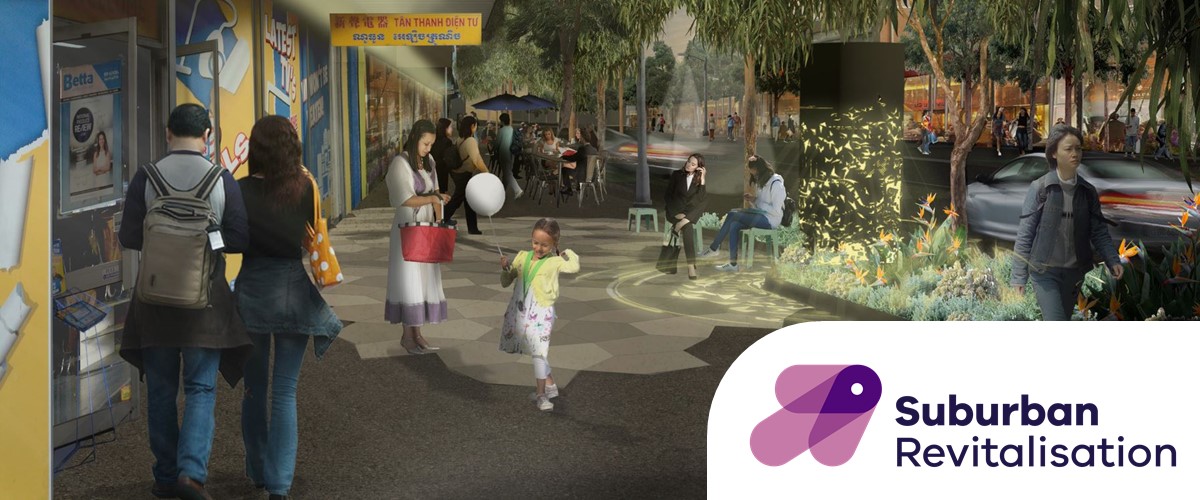 A concept image of what the new Springvale Boulevard will look like. People are walking, sitting and socialising on a shopping strip with new furniture and trees.