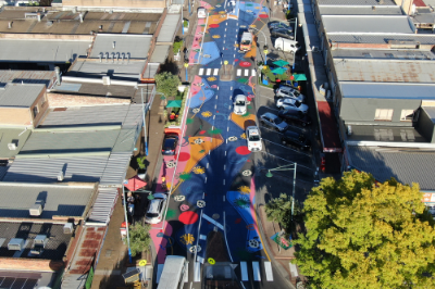 Aerial view of the colourful traffic-calming murals on Glen Gala Road