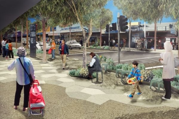 Illustrated photo of people sitting, walking and mingling along Springvale road