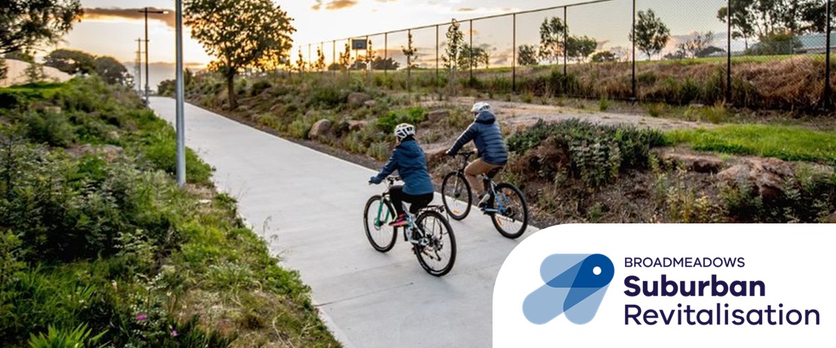 Photo of two cyclists riding along Meadowlink trail Broadmeadows